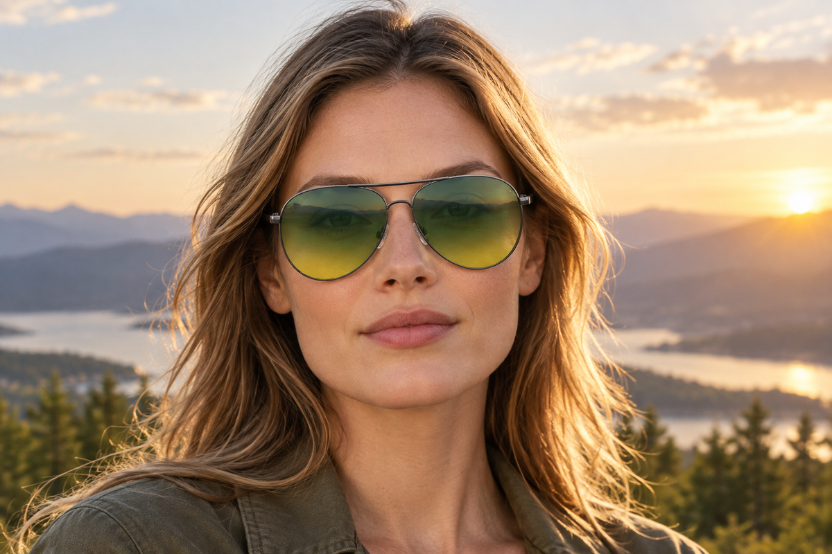 Woman wearing Brighton Fluo gunmetal aviator sunglasses with gradient green lenses outdoors from Missandtrendy
