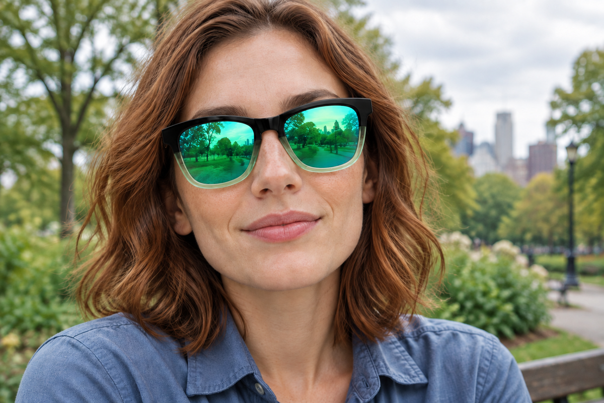 Woman outdoors wearing Camden sunglasses with green mirrored lenses and black-to-clear frames