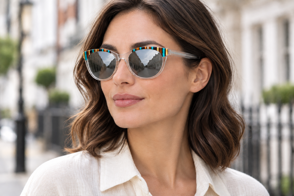 A woman with wavy brown hair wearing cat-eye uv polarised sunglasses with colorful striped metal frames and mirrored lenses, set against a softly blurred outdoor street background.