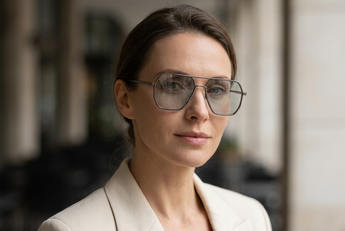 Female wearing grey-frame photochomic UV polarised sunglasses with light-grey lenses