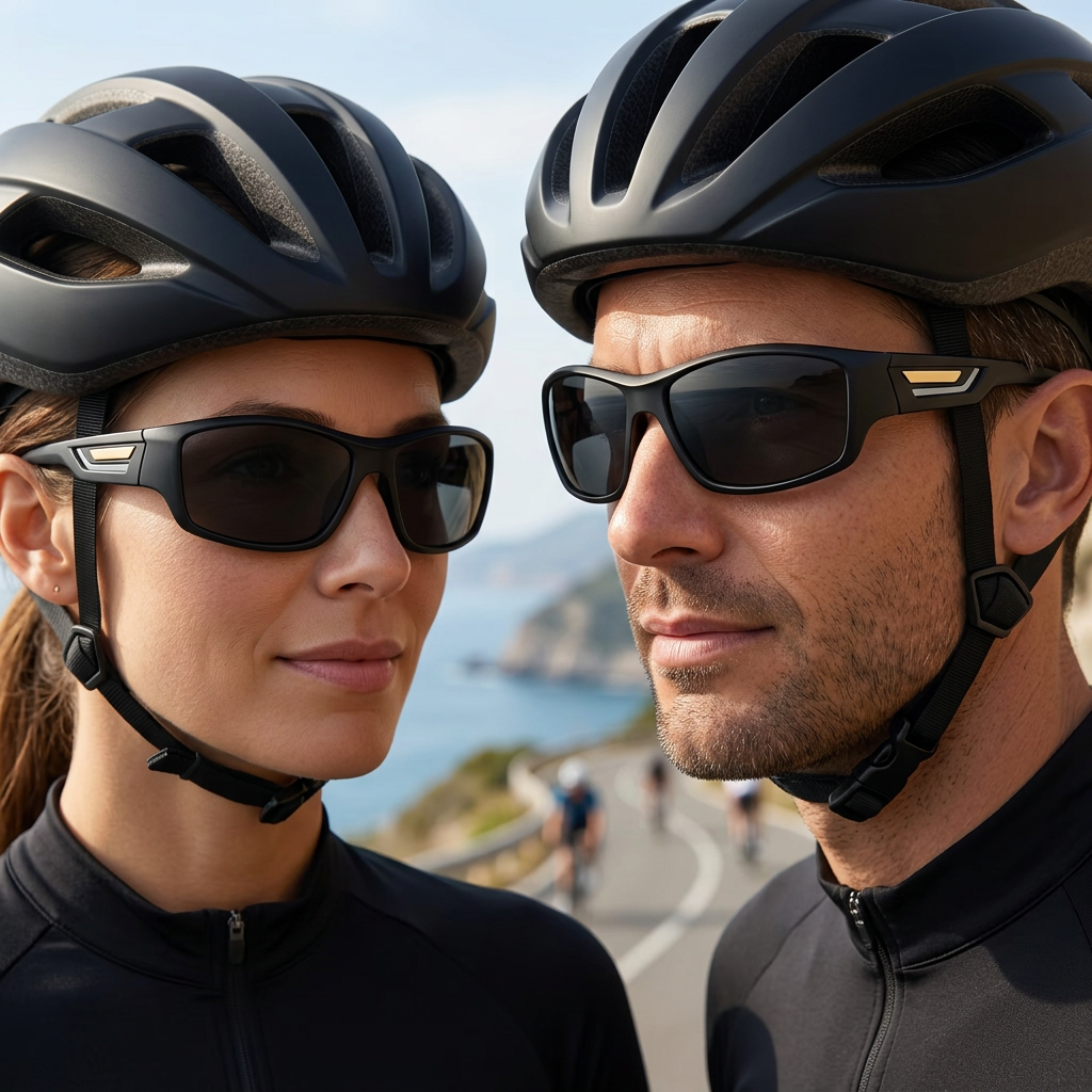 Fresh cycling portrait with face-proportional black Polarised UV 400 Sports Cycling Sunglasses, gold and grey temple inserts, and black ear tips