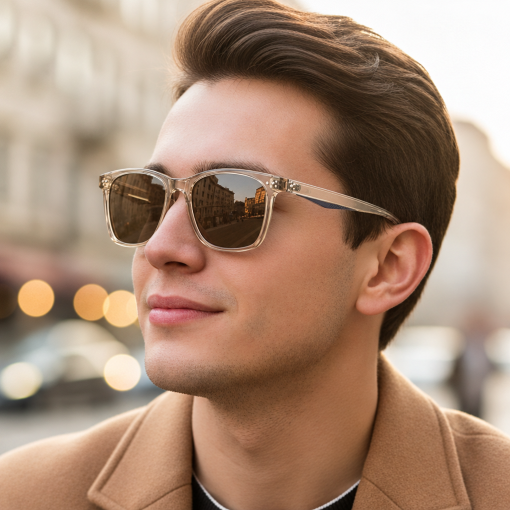 Man wearing Bristol Bold UV 400 polarised sunglasses with clear champagne frames and brown lenses.