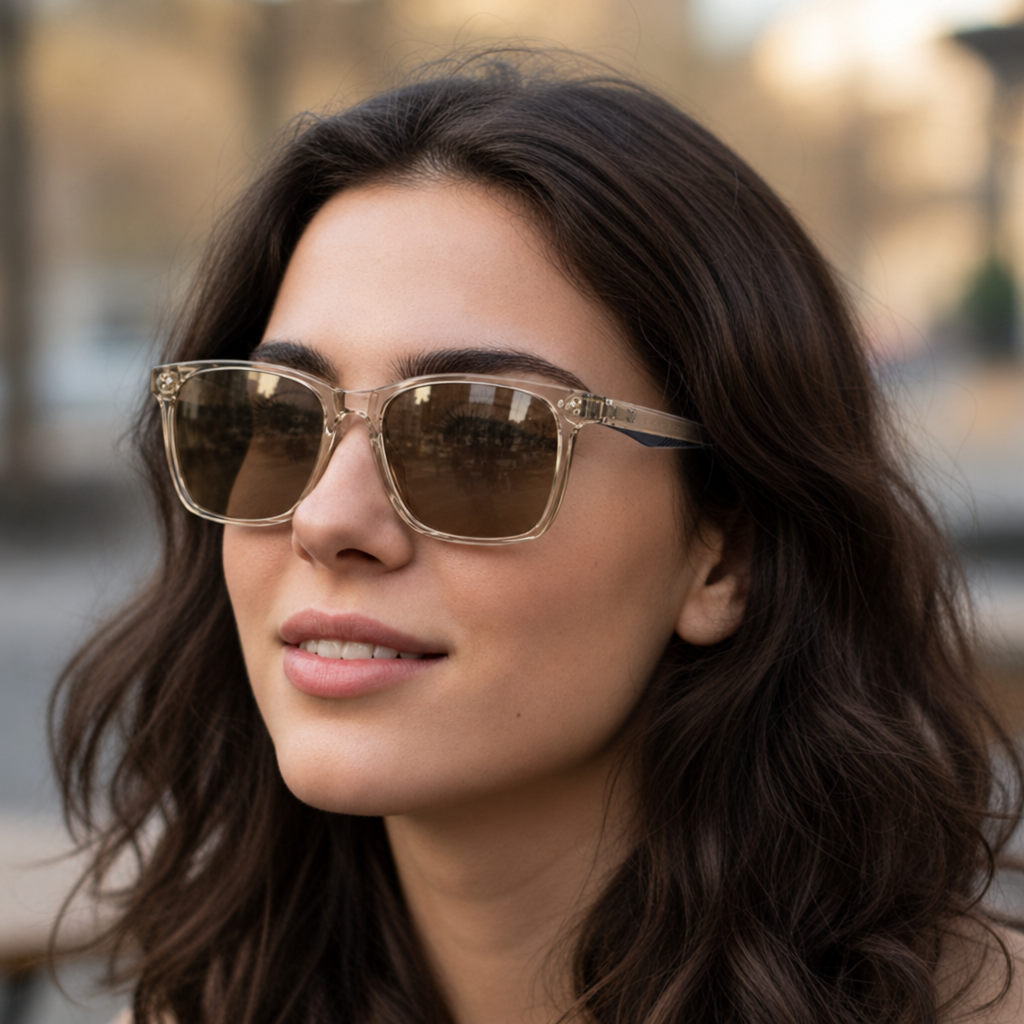 Woman wearing Bristol Bold UV 400 polarised sunglasses with clear champagne frames and brown lenses.