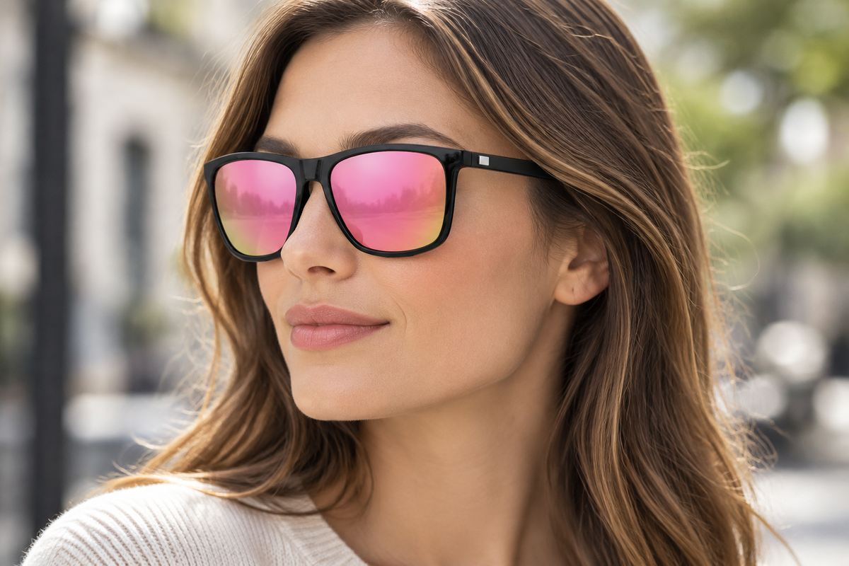 Woman wearing black sunglasses with pink mirrored lenses outdoors