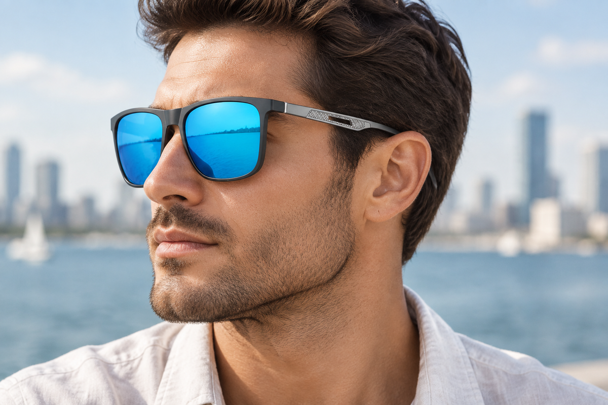 Man wearing Missandtrendy square black UV 400 polarised blue mirror sunglasses with patterned silver temples
