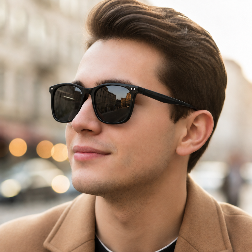 Man wearing Bristol II UV 400 polarised sunglasses with black frames, lenses and branches.
