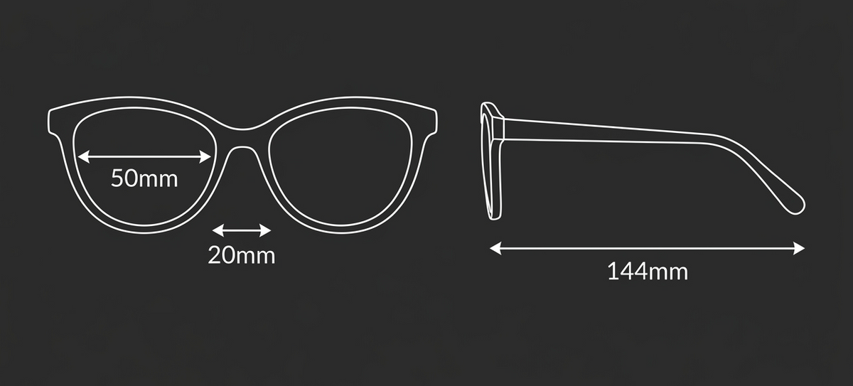 A size guide diagram showing white line drawings of eyeglasses from the front and side on a dark gray background, with labeled measurements 50mm, 20mm, and 144mm.
