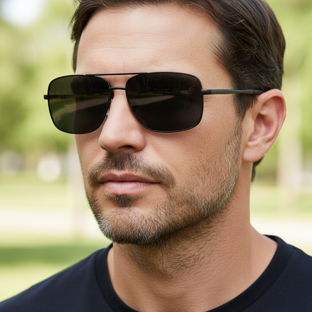 Liverpool - A close-up of a man wearing classic aviator UV 400 polarised sunglasses with dark lenses and thin black metal frames, set against a soft, blurred green outdoor background - Missandtrendy
