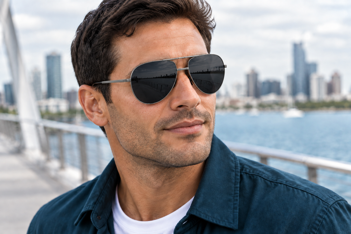 Male model wearing black-lens gunmetal aviators by a city waterfront