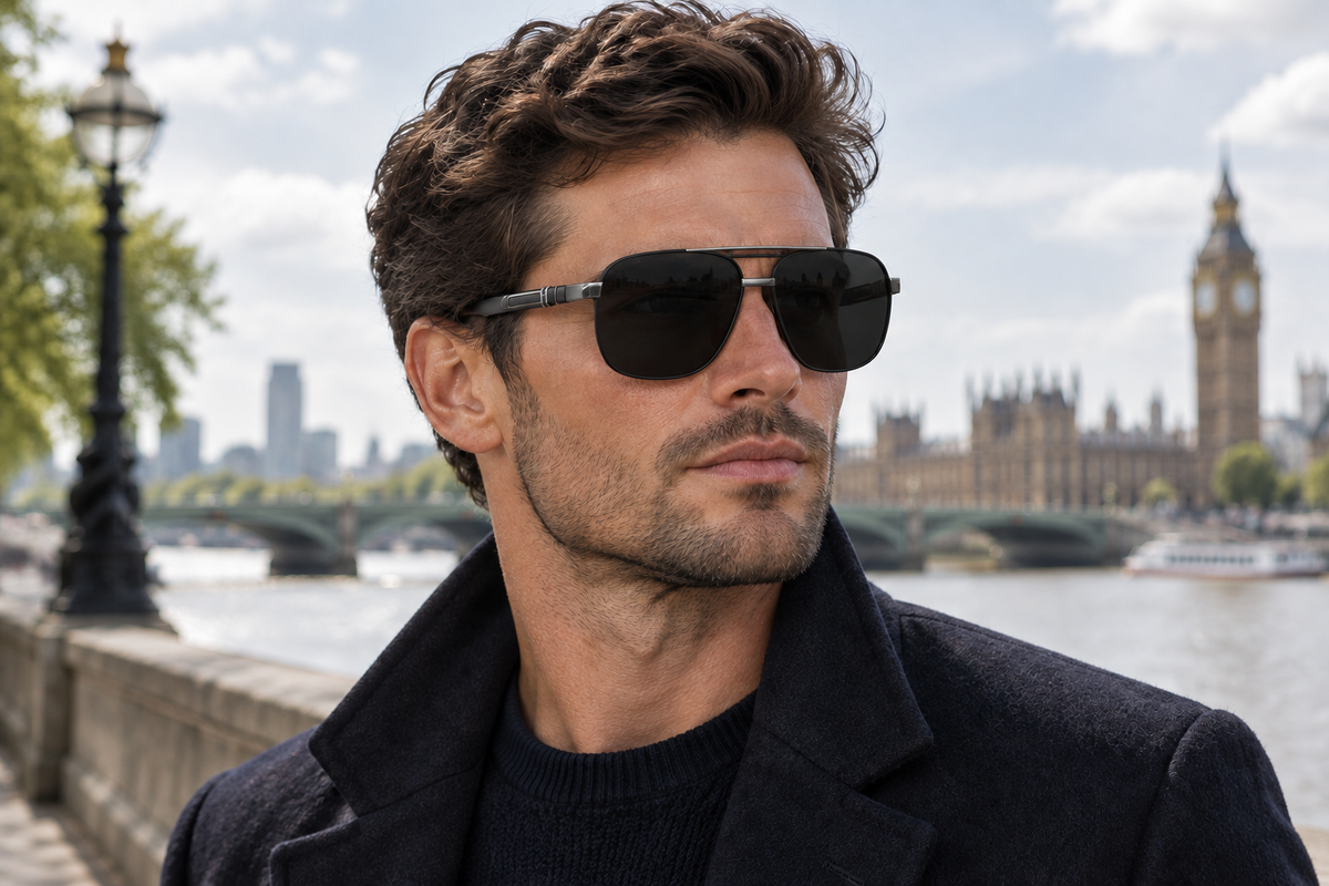 Male model wearing Gallant UV polarised sunglasses with gunmetal details by Missandtrendy