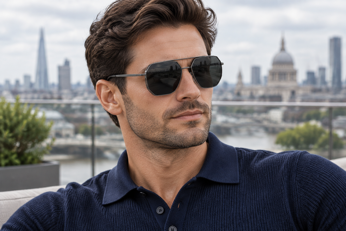 A man wearing dark aviator uv polarised sunglasses and a navy blue polo shirt, photographed outdoors with a blurred city skyline and river in the background.