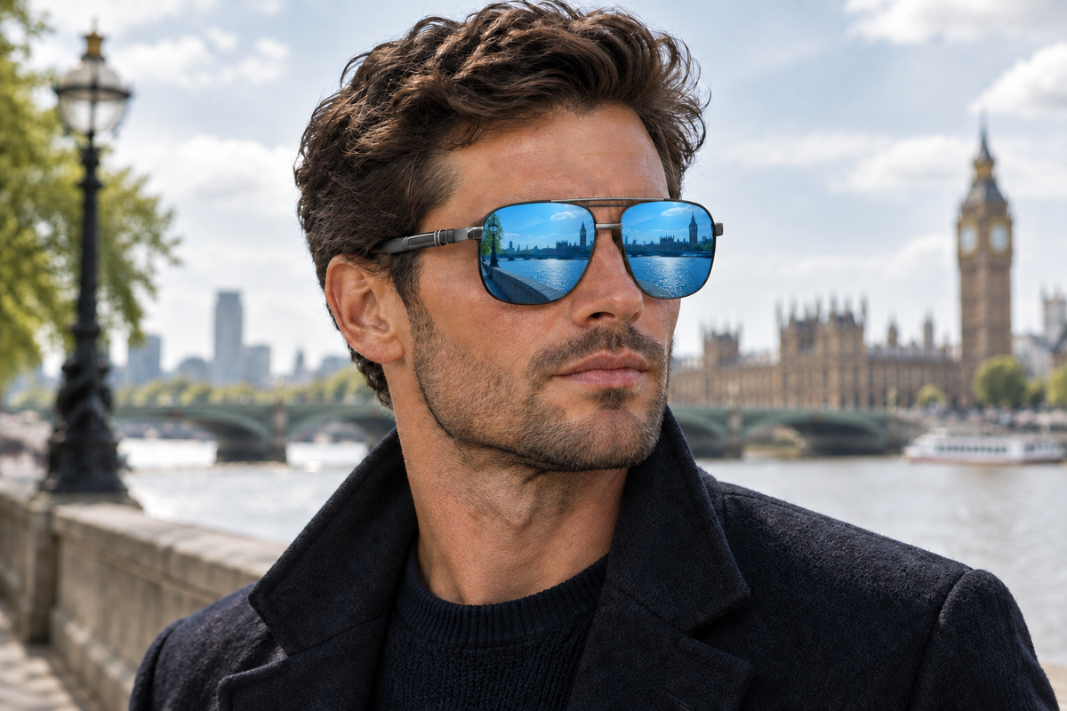 Male model wearing Missandtrendy Gallant blue-mirror UV polarised sunglasses