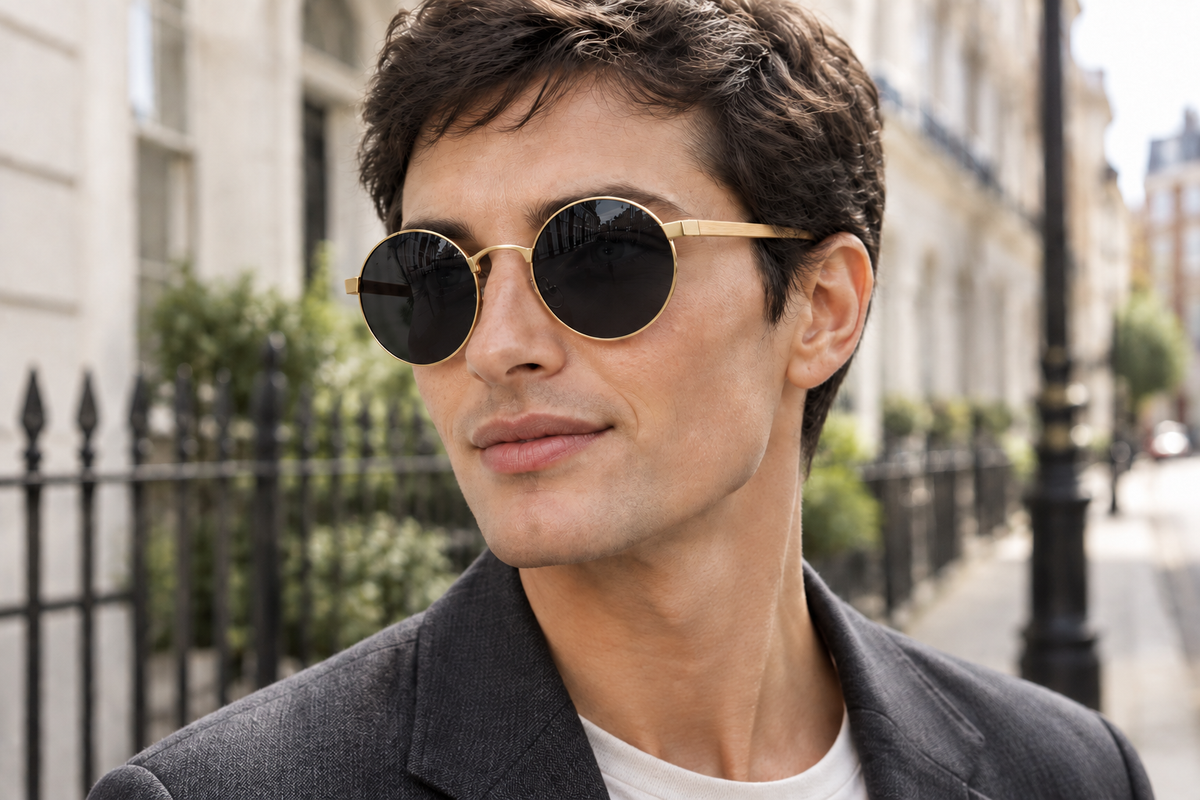 A man wearing round gold-rimmed uv polarised  sunglasses with dark lenses, styled with a dark blazer over a white t-shirt, set against a blurred city street background.