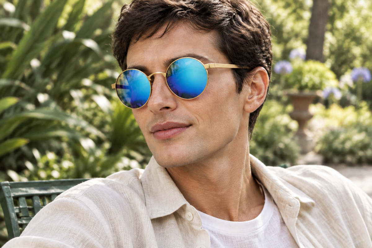 Male model wearing round blue-mirror uv polarised sunglasses in a botanical garden