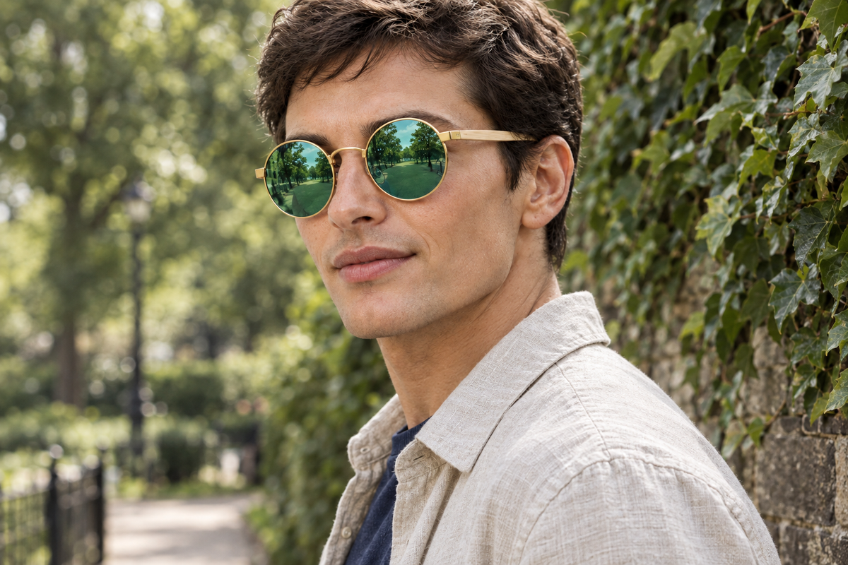 Male model wearing round gold uv polarised sunglasses with green mirrored lenses in a new outdoor pose