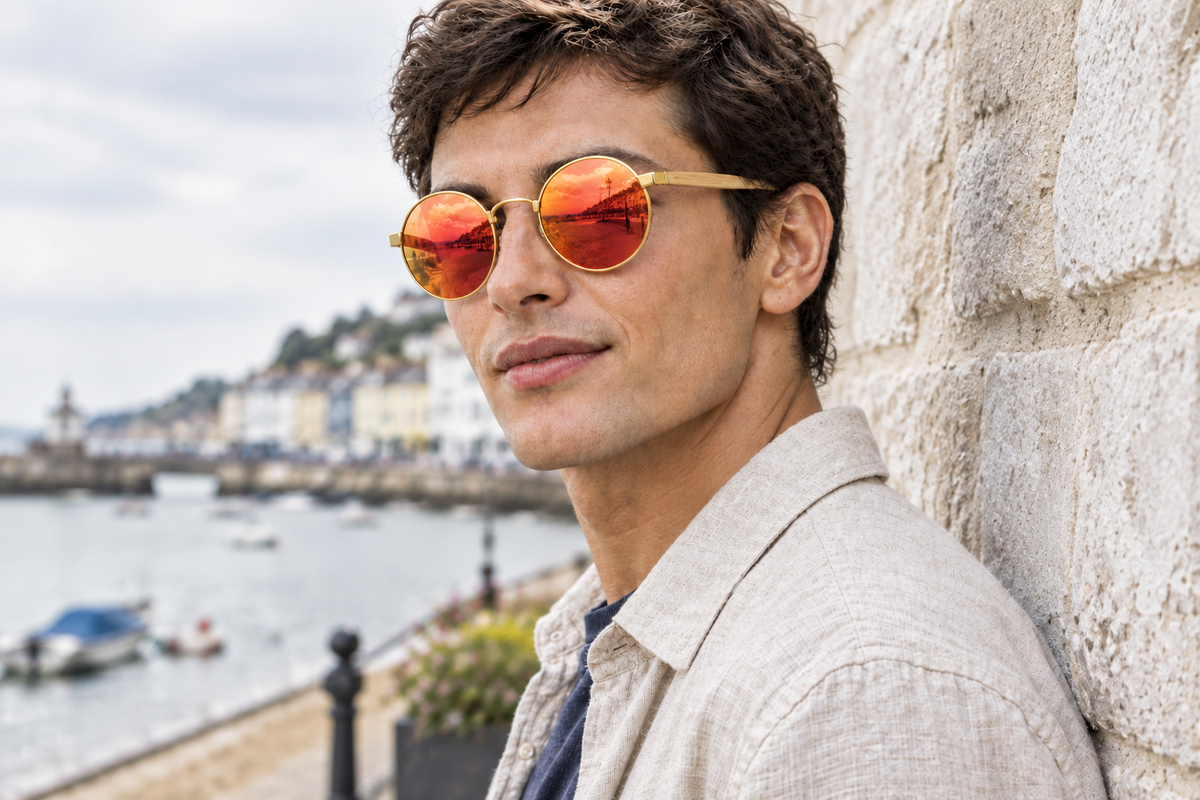 Male model wearing round red-mirror uv polarised sunglasses by a seaside stone wall
