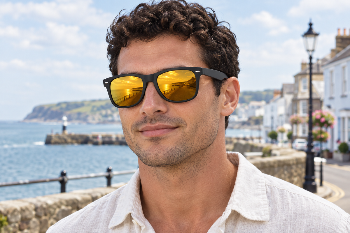 A man wearing black-framed uv polarised sunglasses with reflective gold lenses, photographed outdoors on a seaside street with buildings and water in the background.