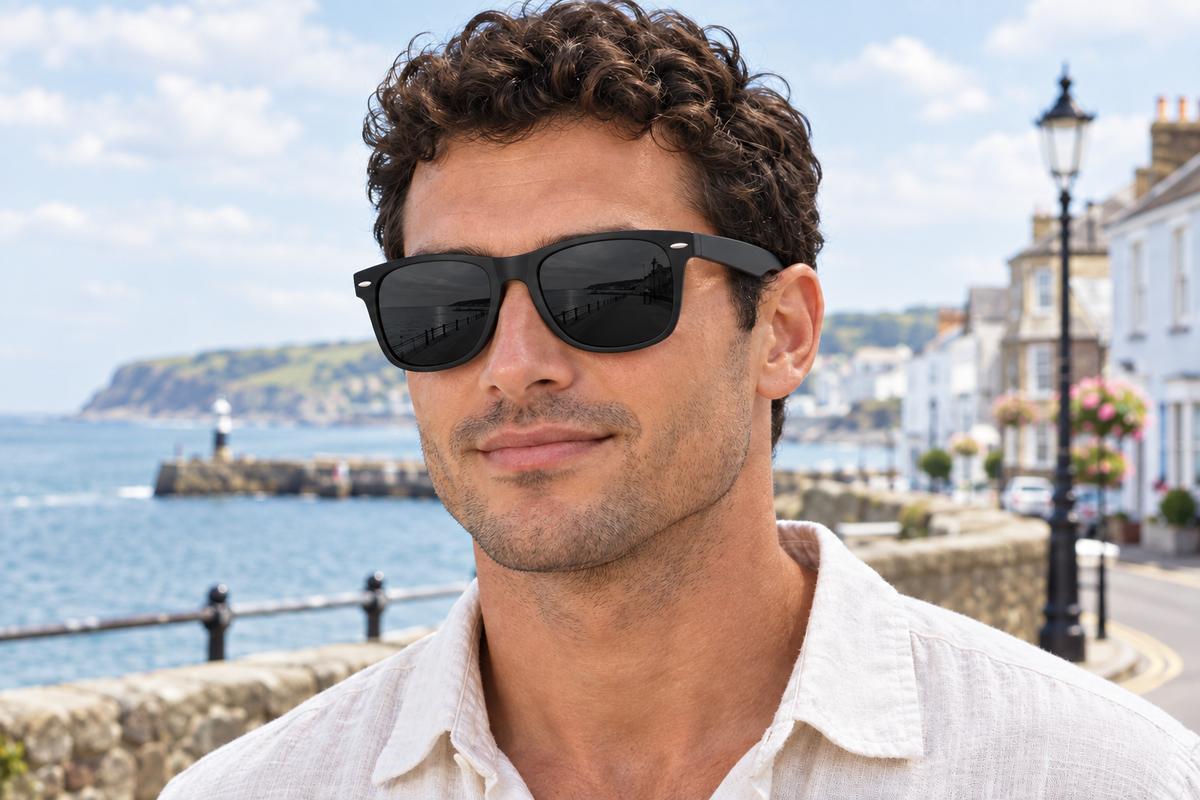 A man wearing black uv polarised sunglasses with a slight smile, set against a sunny coastal background with the sea, buildings, and a street lamp visible.