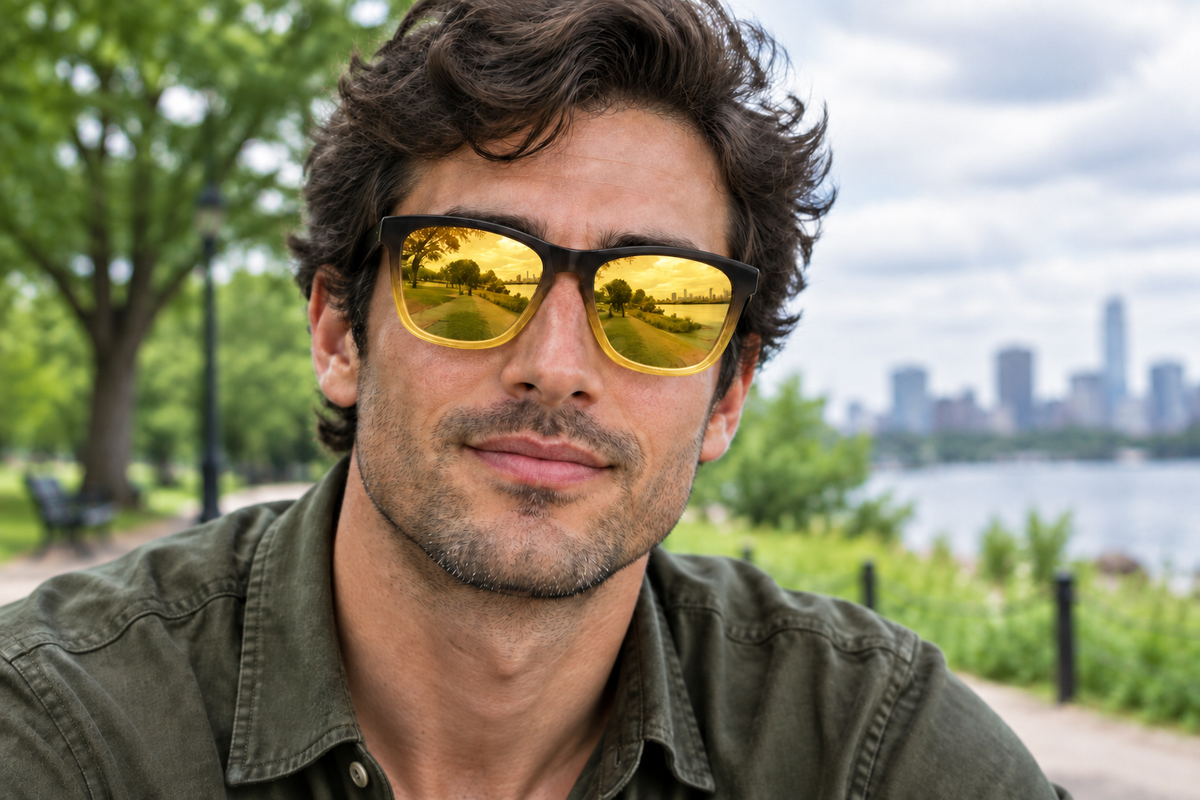 Man outdoors wearing Camden wayfarer sunglasses with yellow mirrored lenses and a black-to-amber frame