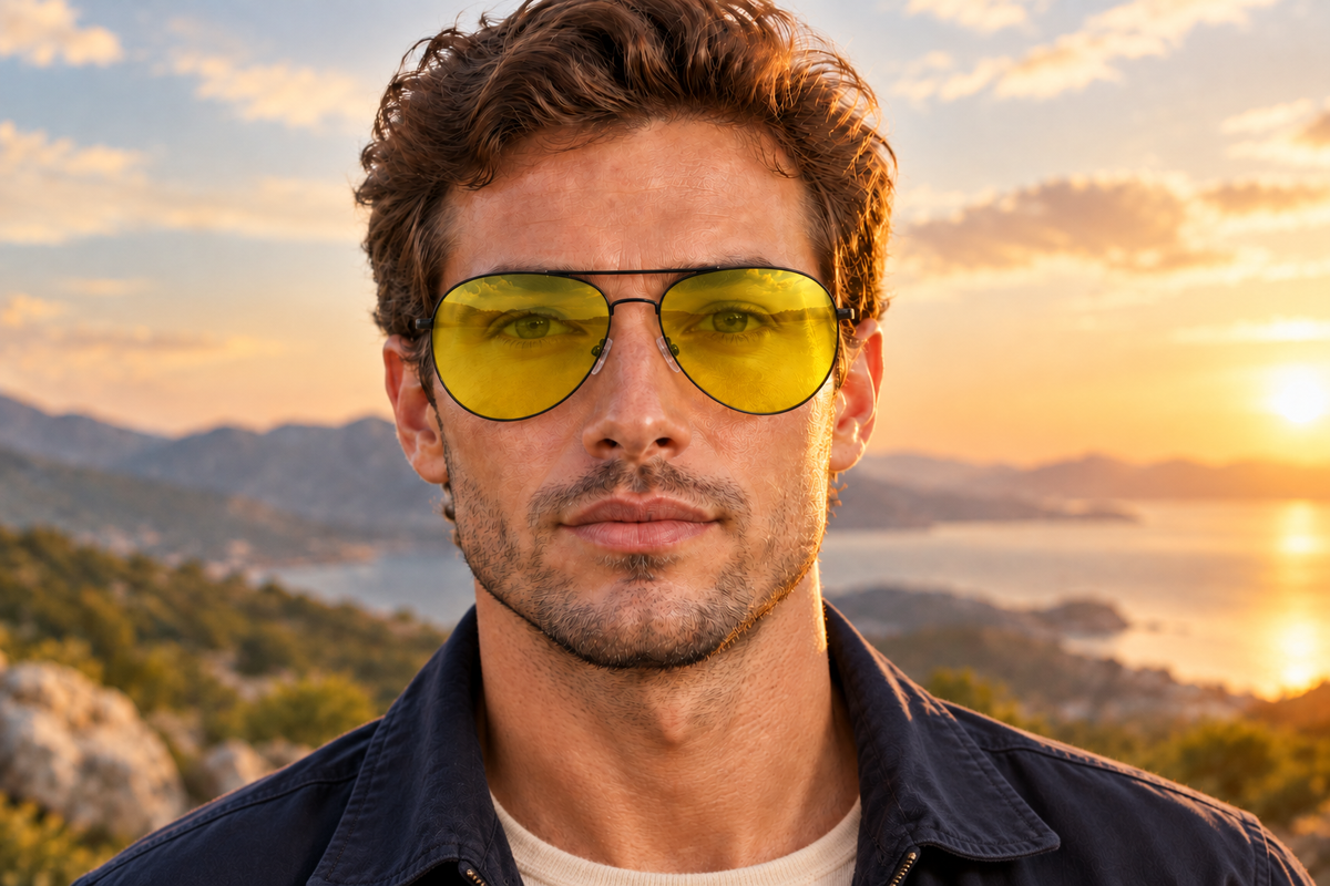 Man wearing Brighton Night Driving Unisex Metal UV 400 Polarised Aviator sunglasses outdoors.