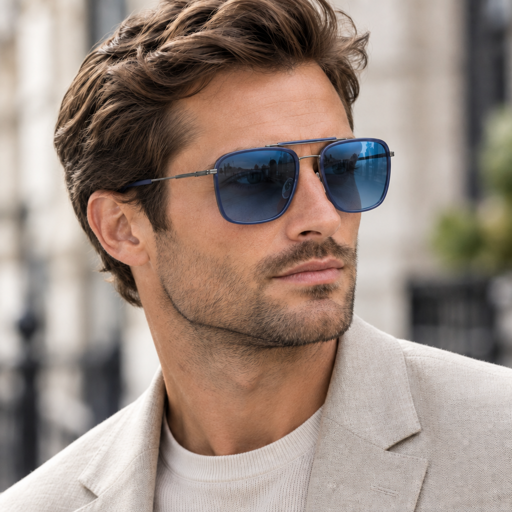 A man wearing blue mirrored aviator uv polarised sunglasses with thin metal frames, styled with a light beige blazer and a cream t-shirt, set against a softly blurred urban background.