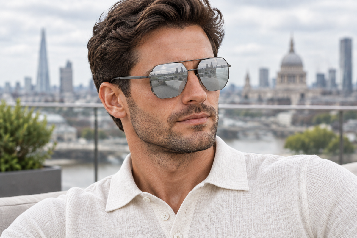 A man wearing aviator uv polarised sunglasses with dark metal frames and gray mirrored lenses, sitting outdoors with a blurred London cityscape in the background.