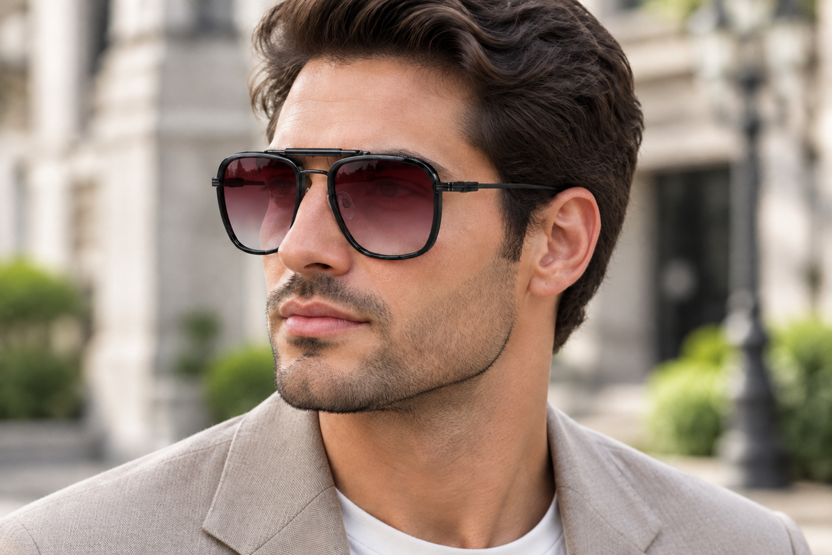 A man wearing square aviator-style uv polarised sunglasses with dark brown tinted lenses and black frames, dressed in a beige blazer over a white t-shirt, set against a blurred outdoor architectural background.