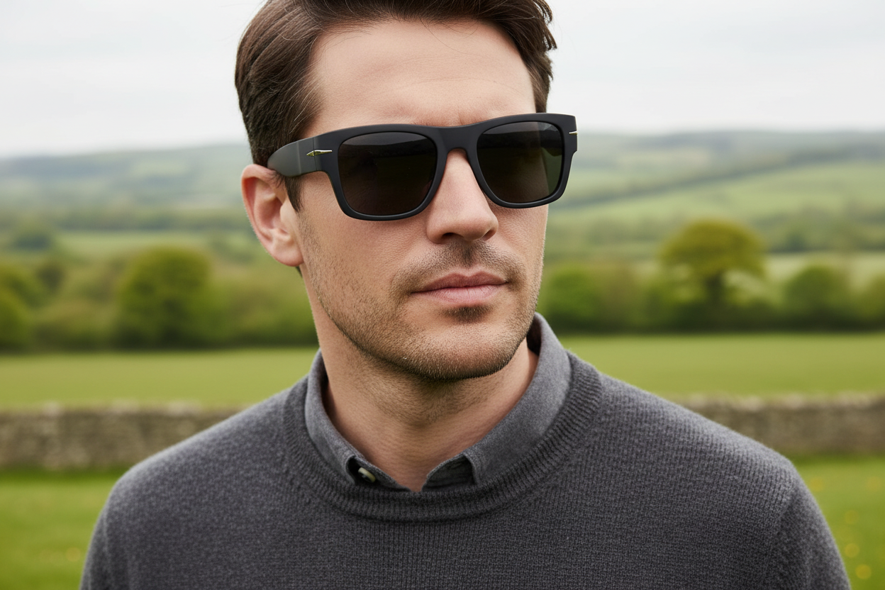 Man wearing Missandtrendy polarised UV 400 wayfarer sunglasses outdoors in Lincoln — black frame black lens