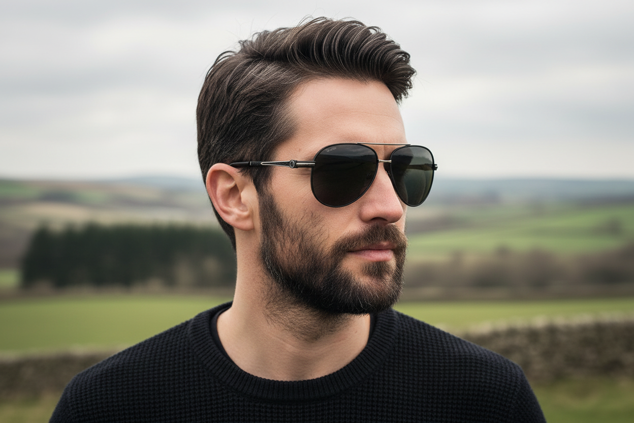 Man wearing Missandtrendy polarised UV 400 aviator sunglasses outdoors in Lancaster — black silver frame dark grey lens