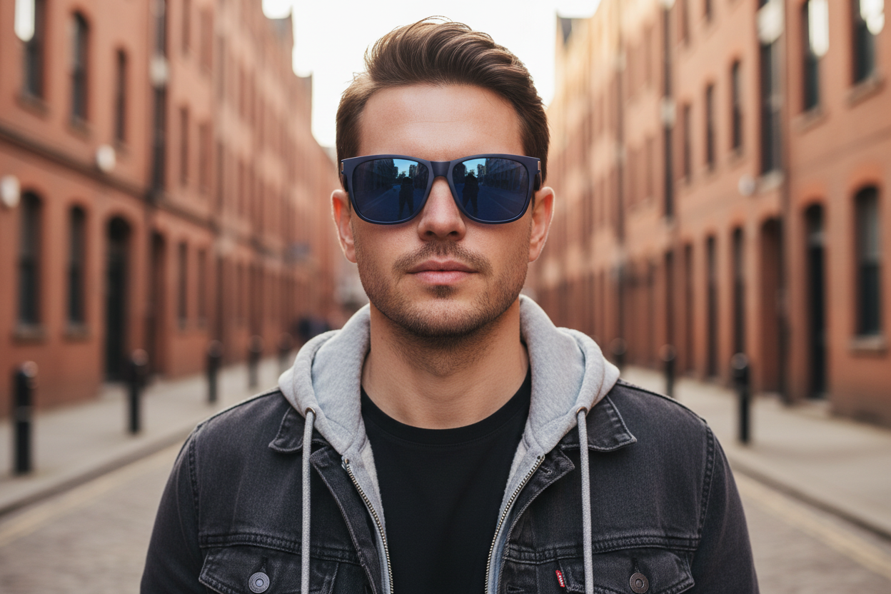 Man Nottingham Lace Market wearing Eighties navy blue TR90 square sunglasses solid blue lenses crackle temple pattern