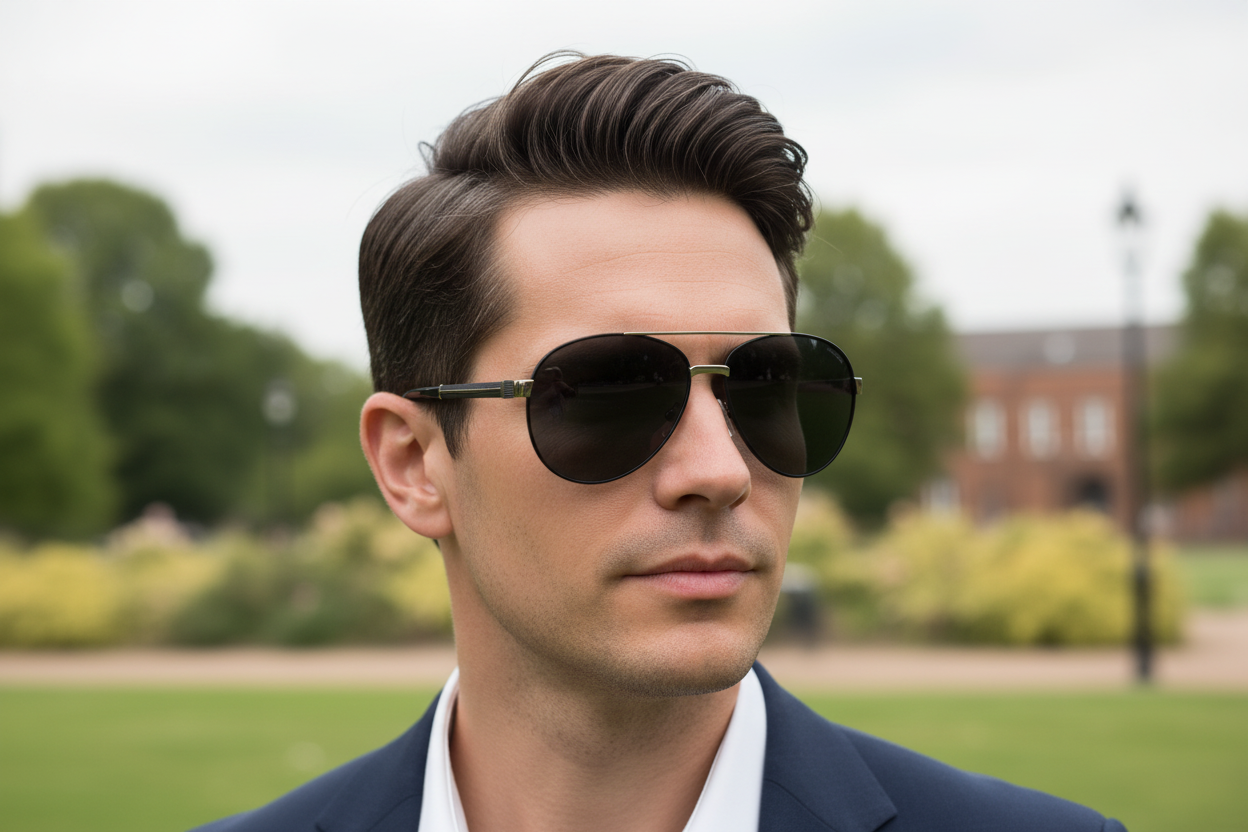 Man wearing Missandtrendy polarised UV 400 aviator sunglasses outdoors in Salisbury — black silver frame dark grey lens