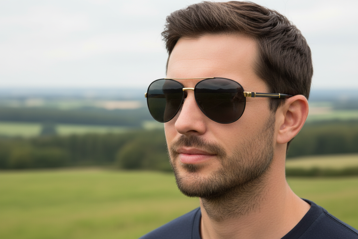 Man wearing Missandtrendy Salisbury unisex aviator metal UV 400 Polarised sunglasses with black gold temple and black lens 0º side view