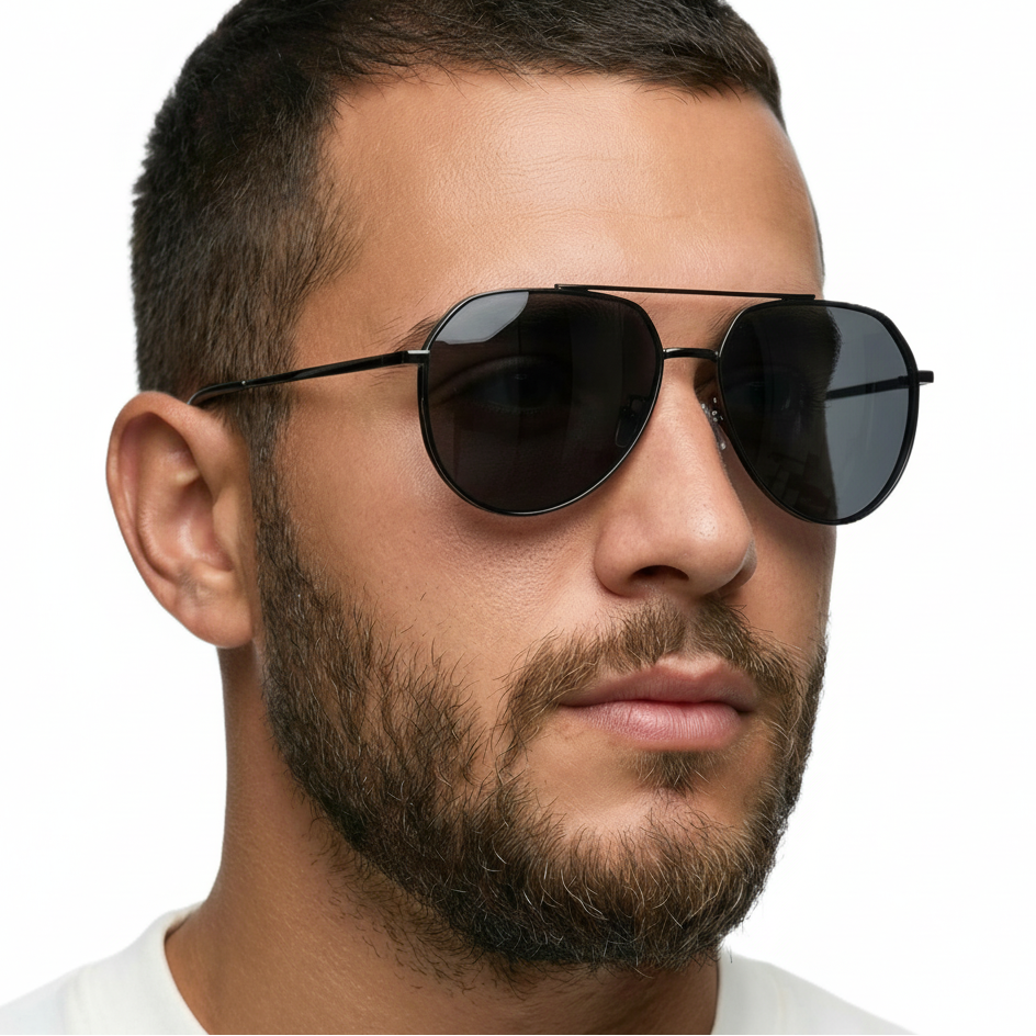 man wearing future black frame and black lens aviator polarised UV400 sunglasses by Missandtrendy 45º side view main_01