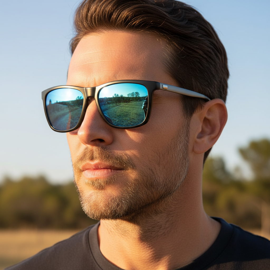Mayfair - A close-up of a man wearing square UV 400 polarised sunglasses with a dark frame and mirrored blue lenses, photographed outdoors in warm sunlight - Missandtrendy