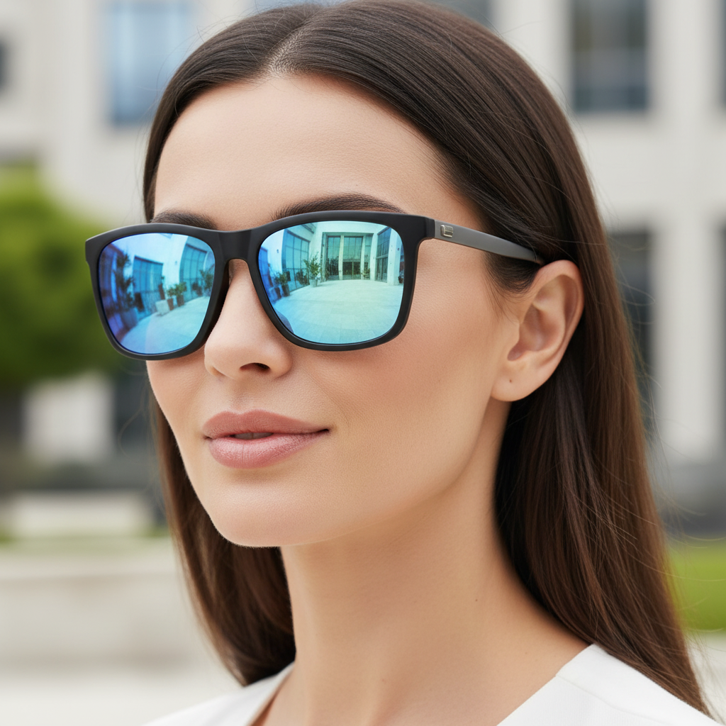 Mayfiar - A close-up of a woman wearing black square UV 400 polarised sunglasses with reflective blue mirrored lenses, set against a softly blurred outdoor background - Missandtrendy