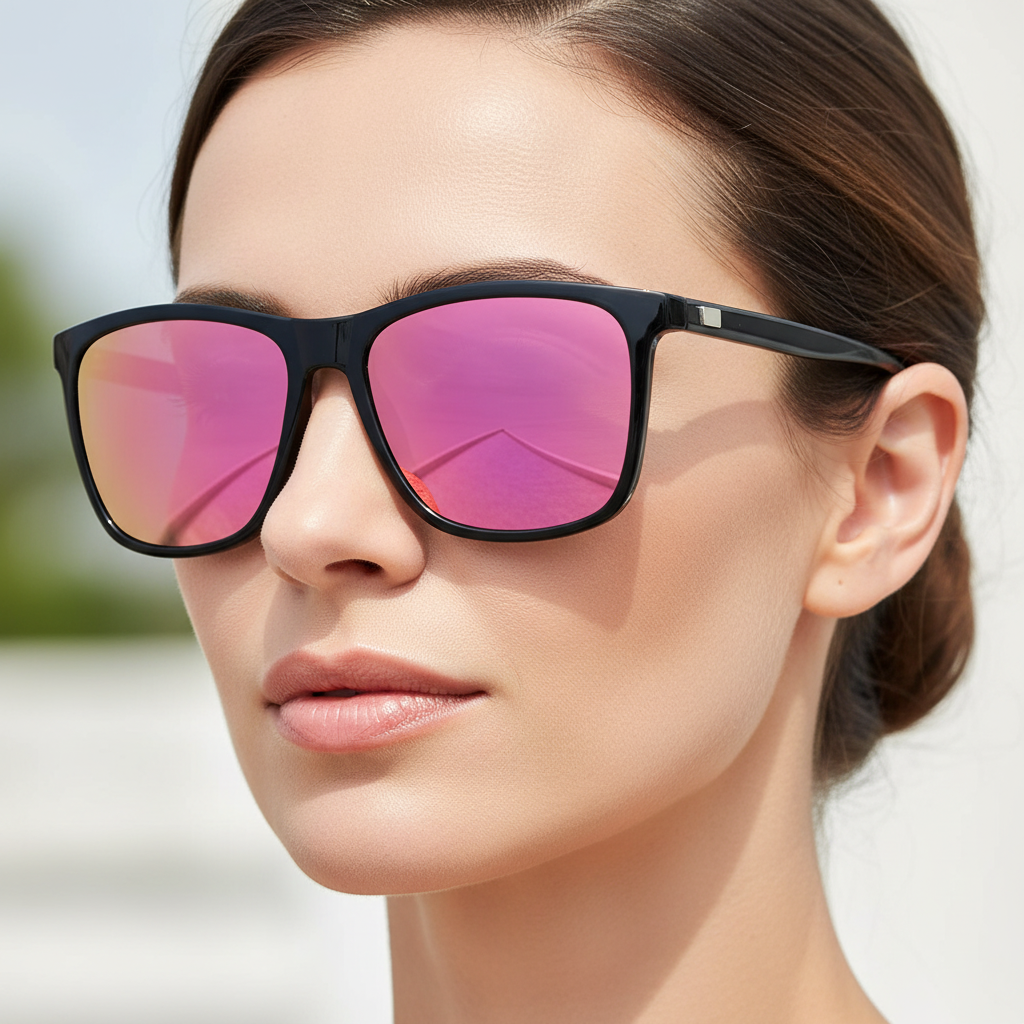 Mayfair - A close-up of a woman wearing  square UV 400 polarised sunglasses with a black frame and pink mirrored lenses - Missandtrendy