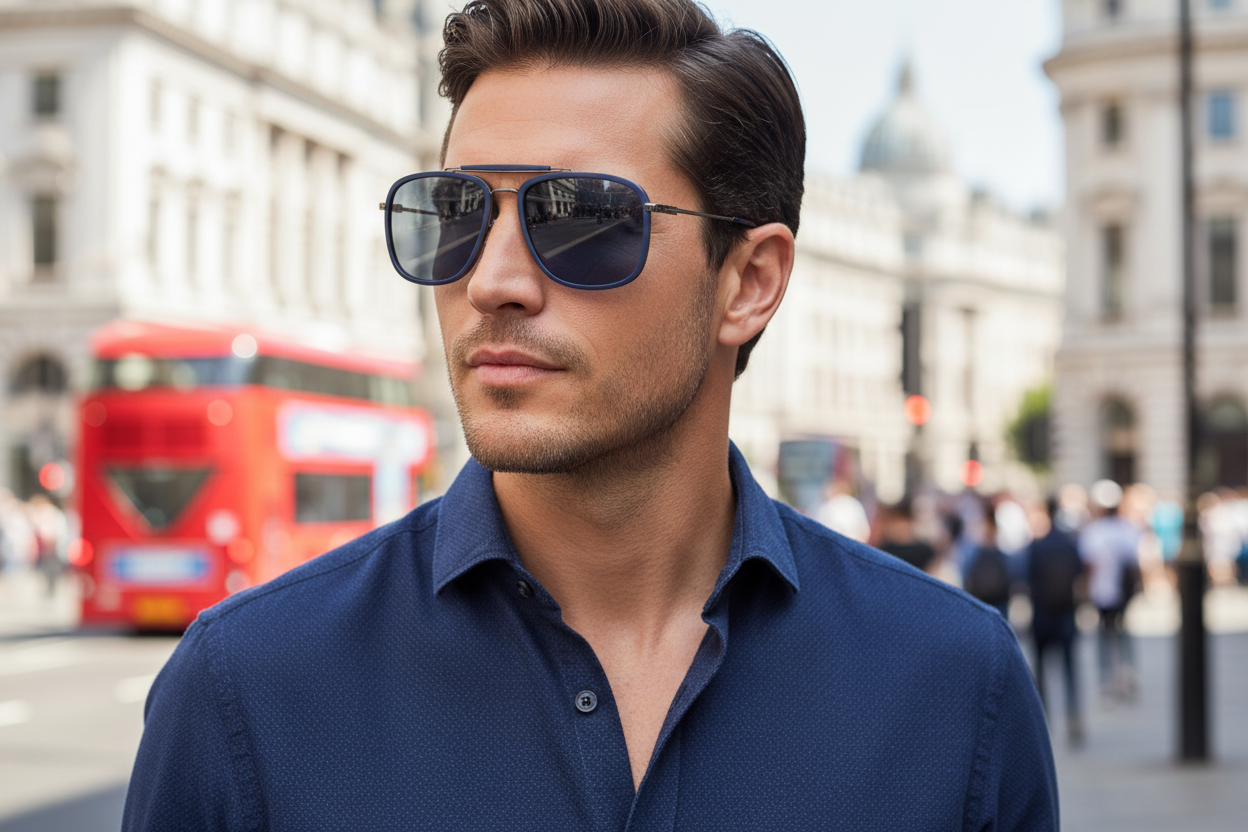 Men's polarised sunglasses navy blue square aviator Leeds