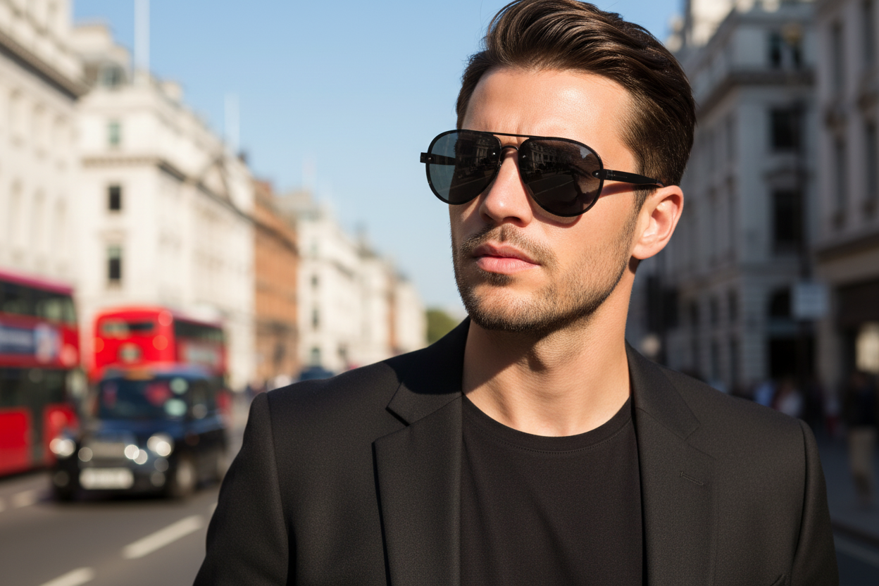Men's sunglasses all-black aviator London editorial v2