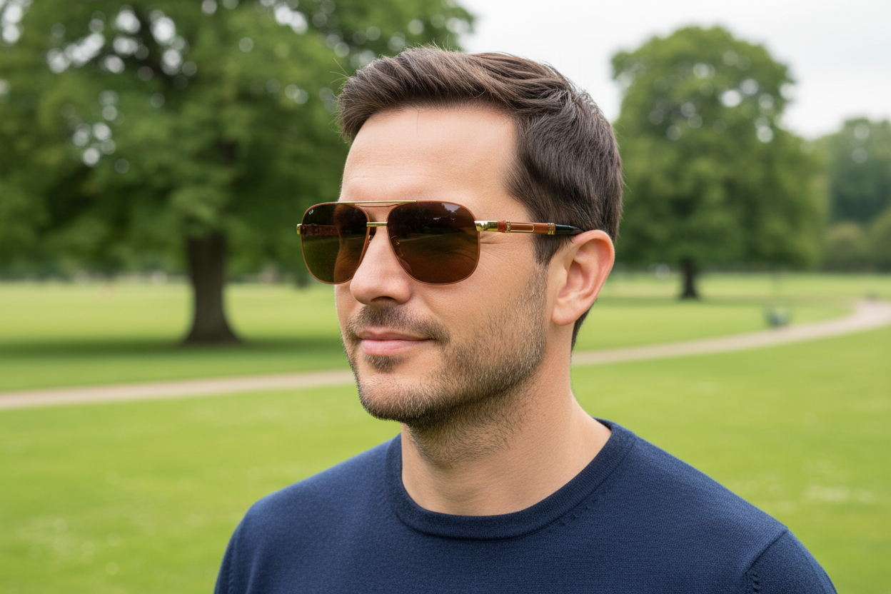 Man wearing Missandtrendy polarised UV 400 square aviator sunglasses outdoors in Milton Keynes — gold brown frame warm brown lens