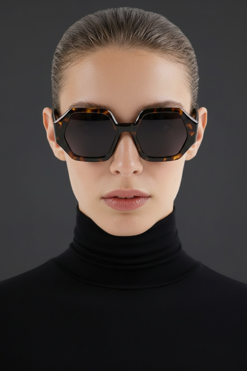 Women wearing premium acetate  hexgonal  tortoiseshell and black lens UV Polarised sunglasses from missantrendy,