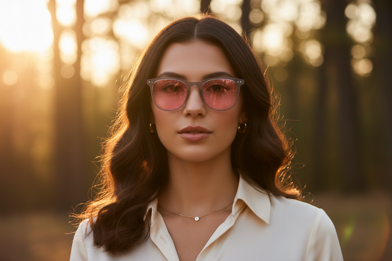 Missandtrendy convert round foldable sunglasses with grey frame and pink lens  worn by female model