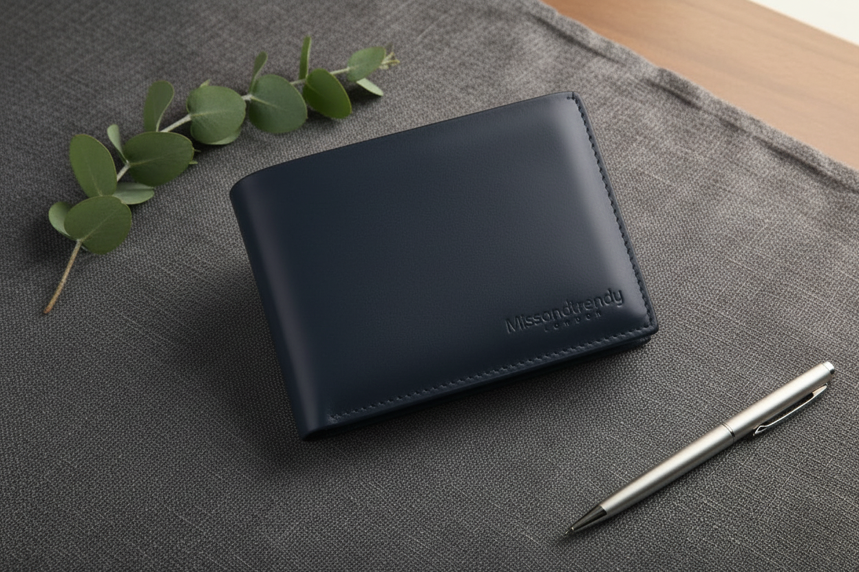 Genuine Leather Bifold Wallet for Men Perfect Gift Navy folded flat on the table branded