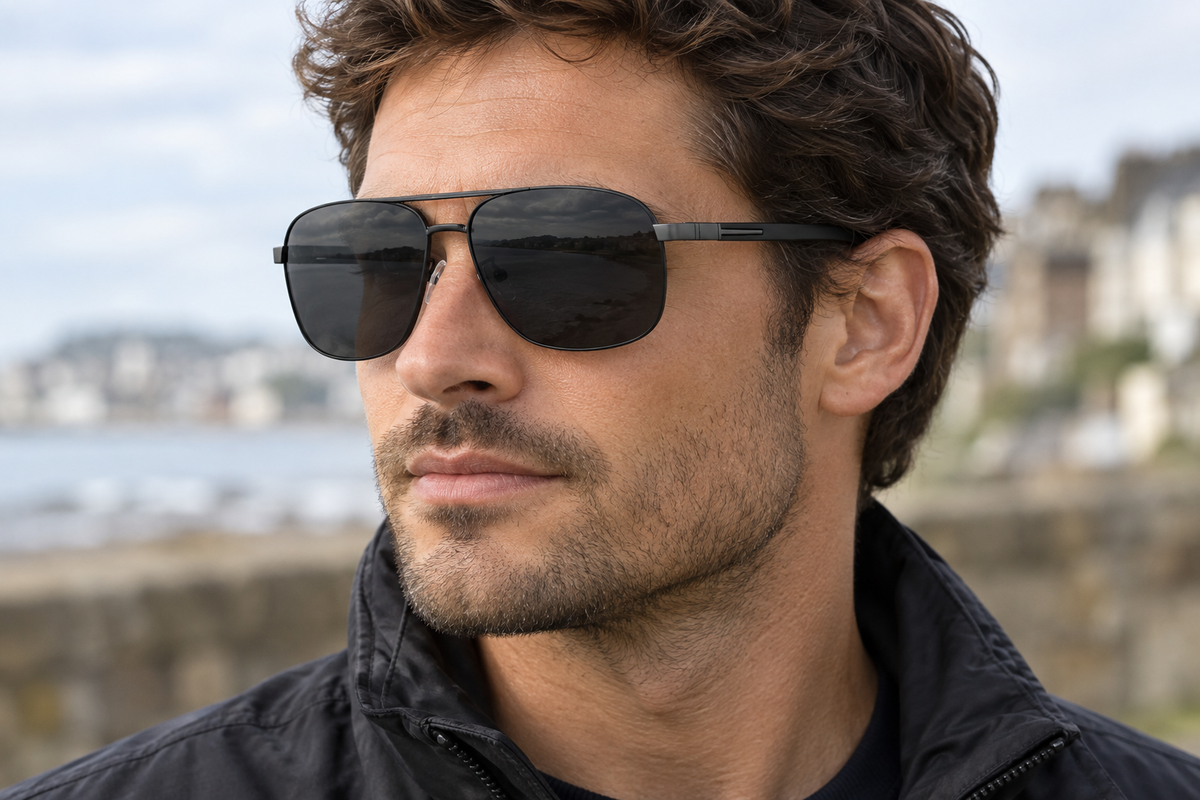 A man wearing black aviator UV Polarised sunglasses by Missandtrendy with a thin gold metal frame, set against a blurred coastal background.