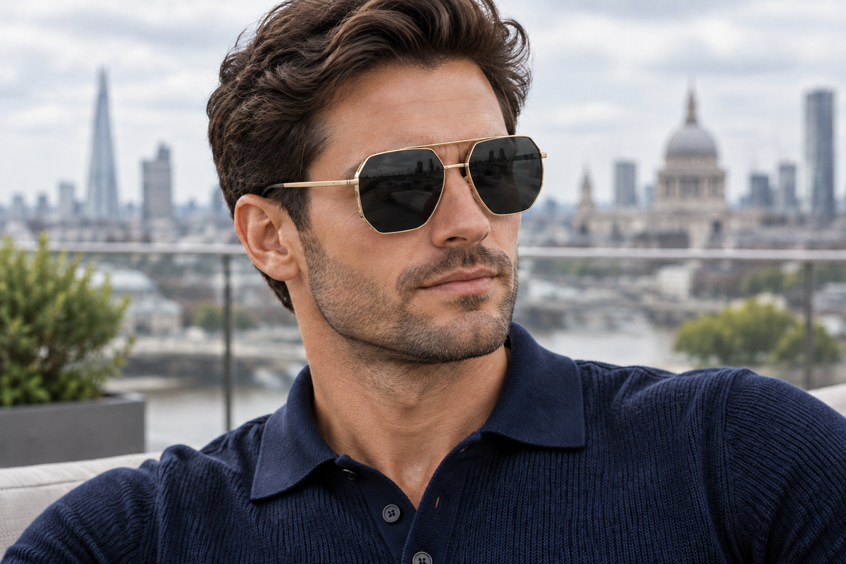 A man wearing gold-framed aviator uv polarised sunglasses with dark lenses, photographed outdoors with a blurred city skyline in the background.