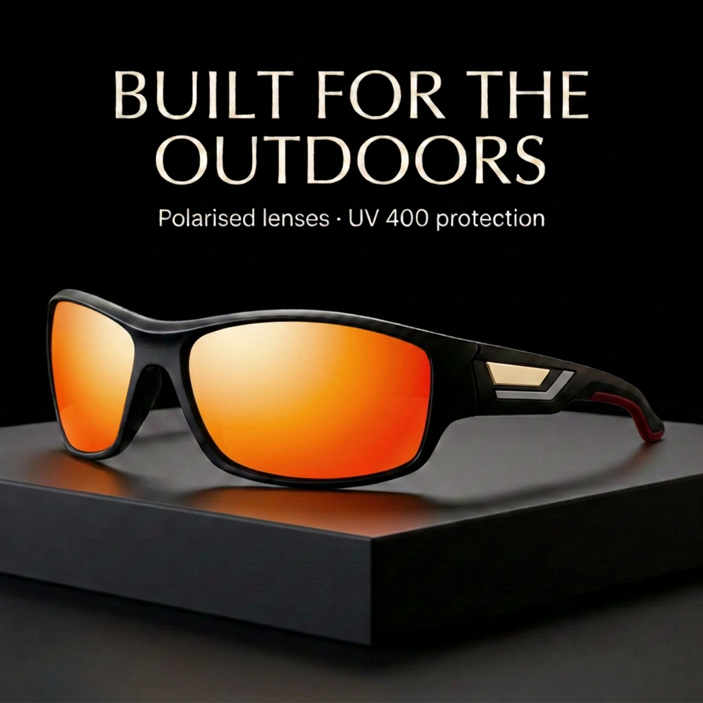 Outdoor campaign with orange-red mirror lenses and dark red ear-tip trim by Missandtrendy