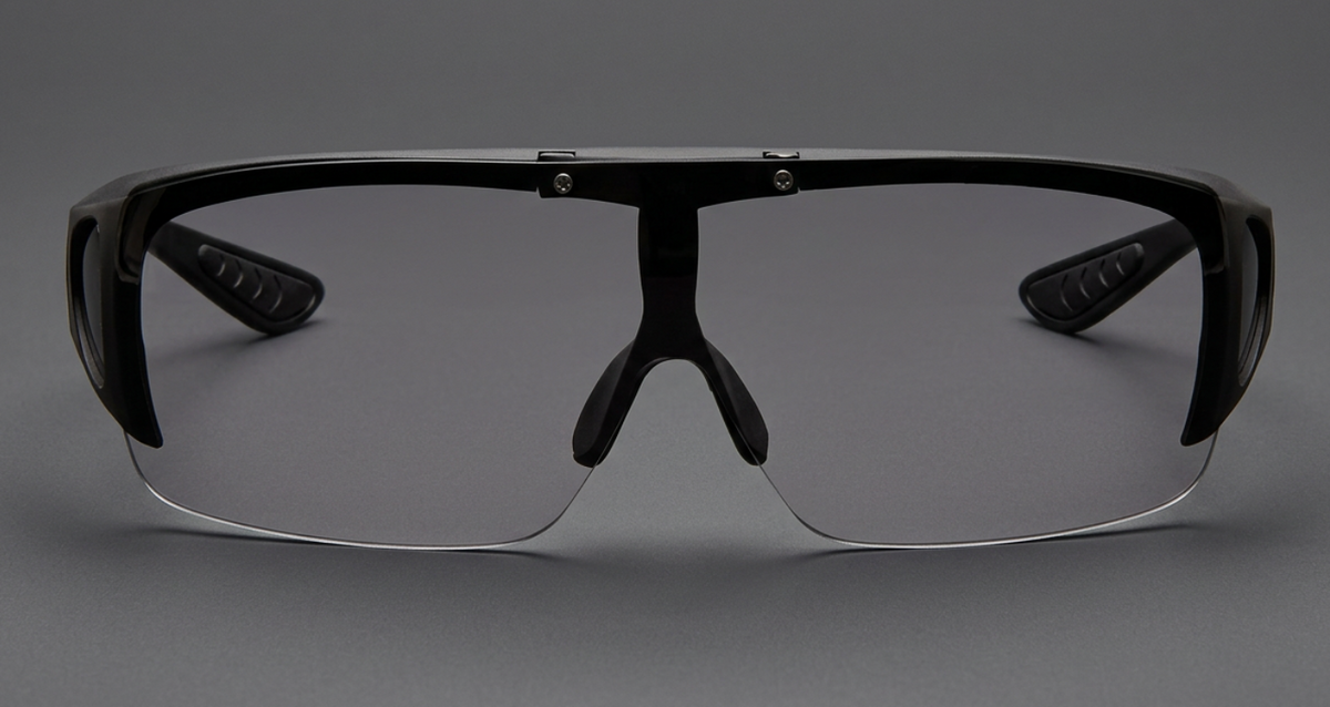 Black shield-style safety Photochromic UV 400 Polarised Sunglasses with clear lower rims, shown from the front on a neutral gray background.