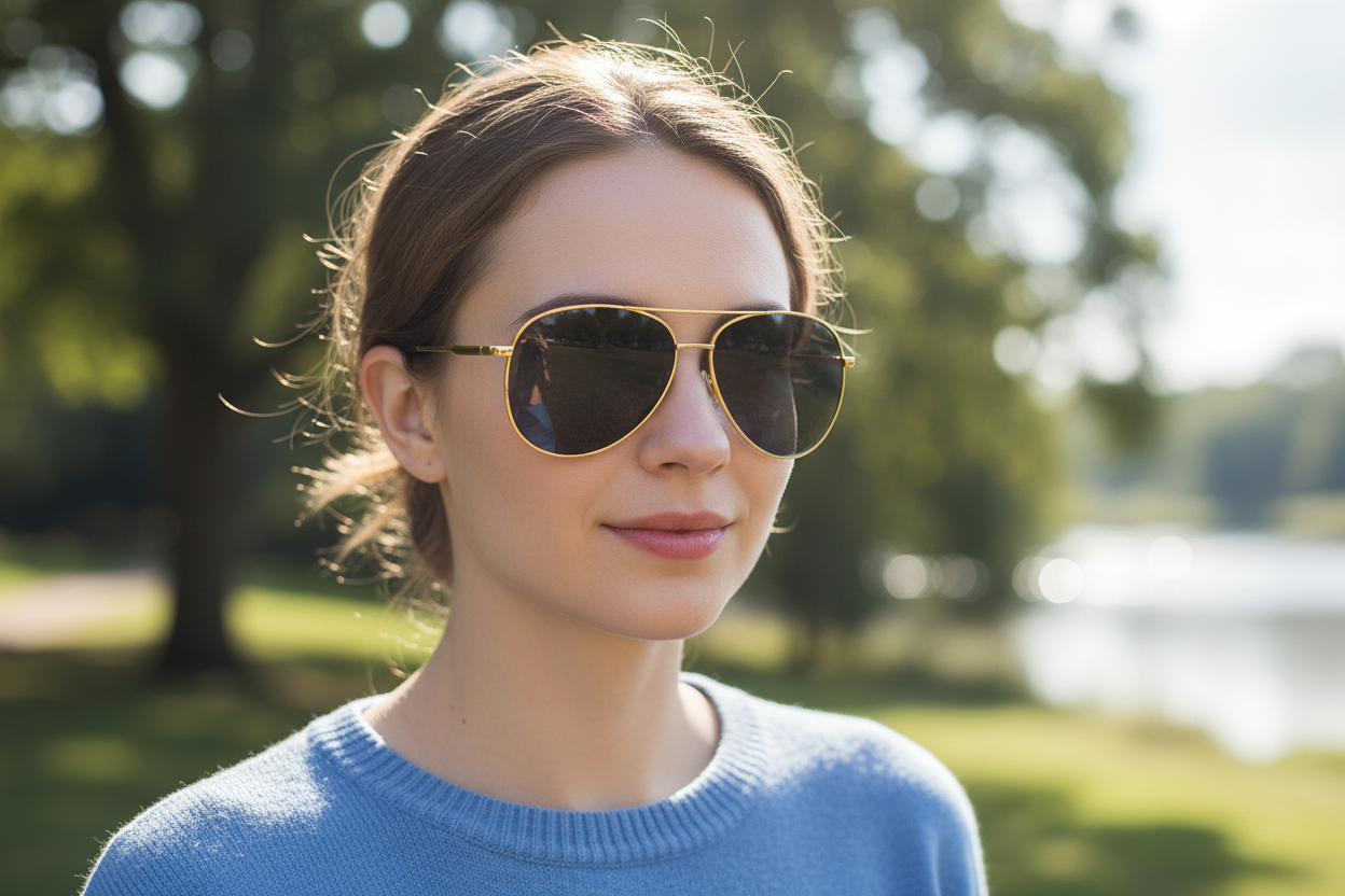 Brighton Lifestyle — Woman wearing Gold frame and black lens UV 400 polarised sunglasses from Missandtrendy