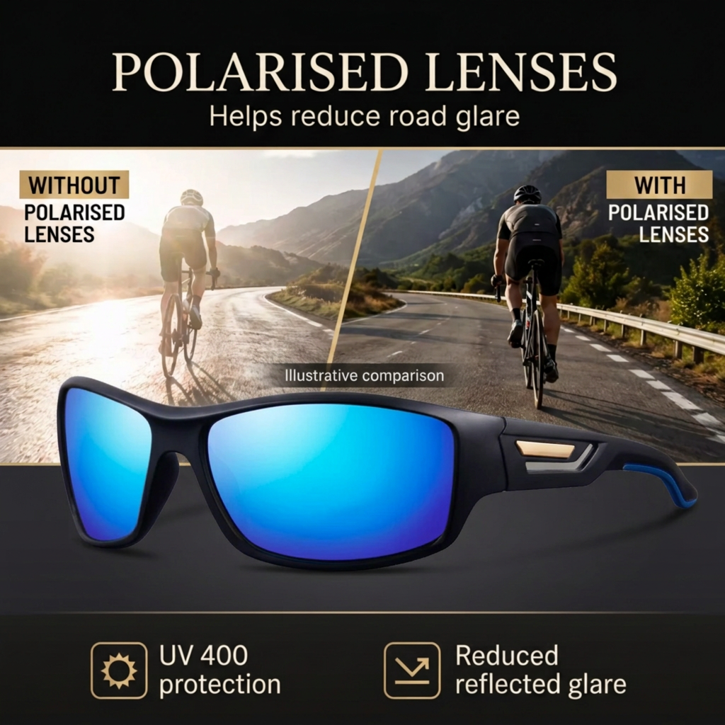 Polarised-lens feature image with blue mirror lenses and matching blue ear-tip trim by Missandtrendy