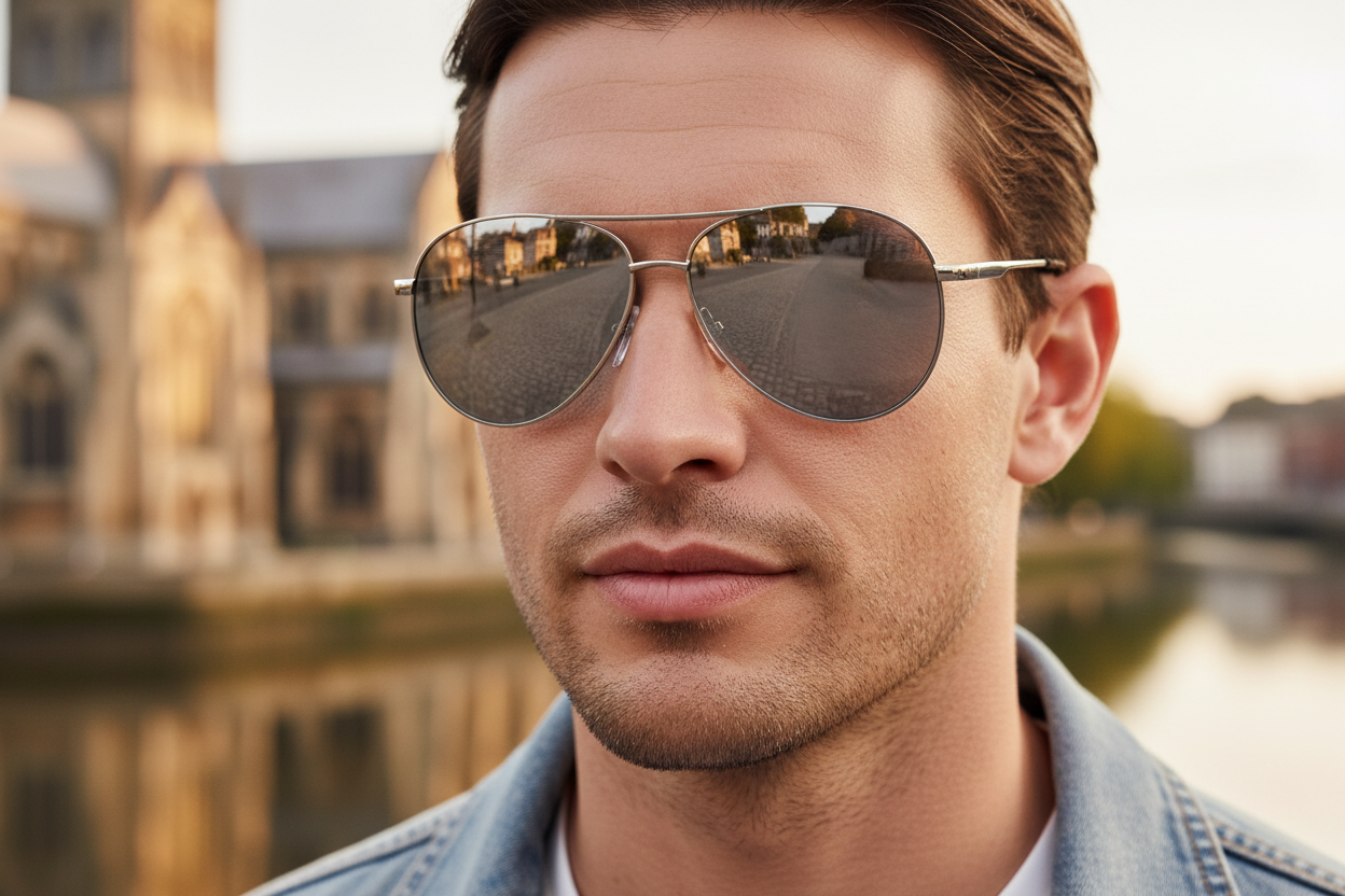 Polarised sunglasses Brighton mirror silver aviator man very close up