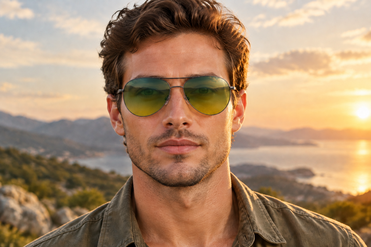 Man wearing Brighton Fluo gunmetal aviator sunglasses with gradient green lenses outdoors from Missandtrendy